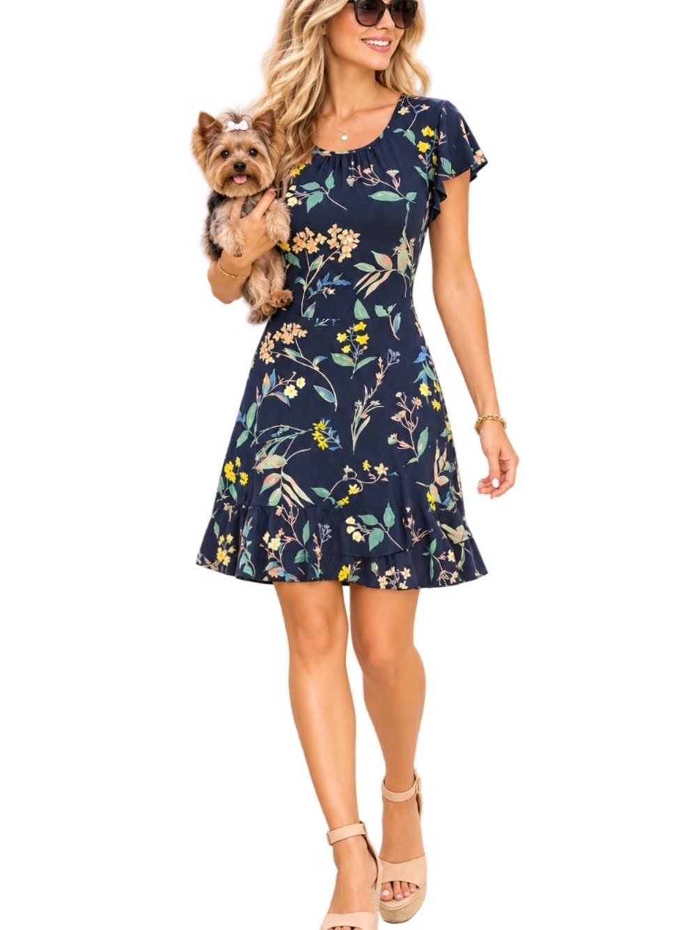 Banana Republic Floral Fit & Flare Dress Size 4 Navy Botanical Ruffle Hem